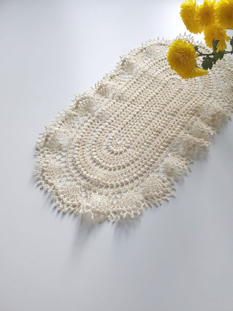 Aura Oval Crochet Doily Pattern • Bead Stitch Doily with Shell Border